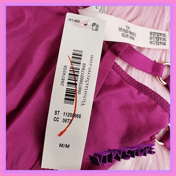 💖 NWT Victoria’s Secret Fuchsia V-String Panty Gold Rings M #7267 💖 - Picture 3 of 6